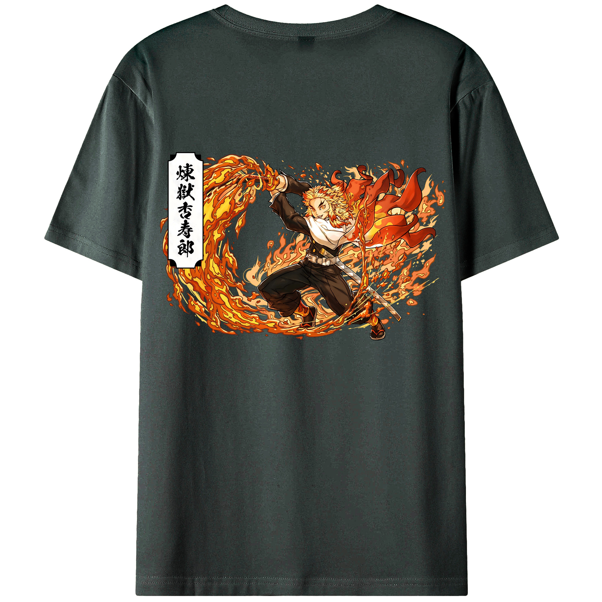 （画像用） 鬼滅の刃（きめつのやいば）炎柱-煉󠄁獄 杏寿郎／れんごく きょうじゅろう Rengoku Kyoujurou 綿100％ メンズ半袖Tシャツ（バックプリント） 通気性